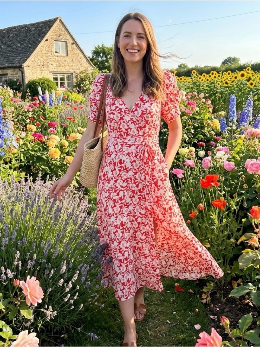 Hallhuber - Floral Red Midi Dress with Puff Sleeves